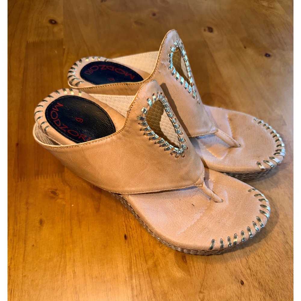 Modzori Tan Leather Whipstitch Wedge Thong Sandals Size 6 Bohemian Platform